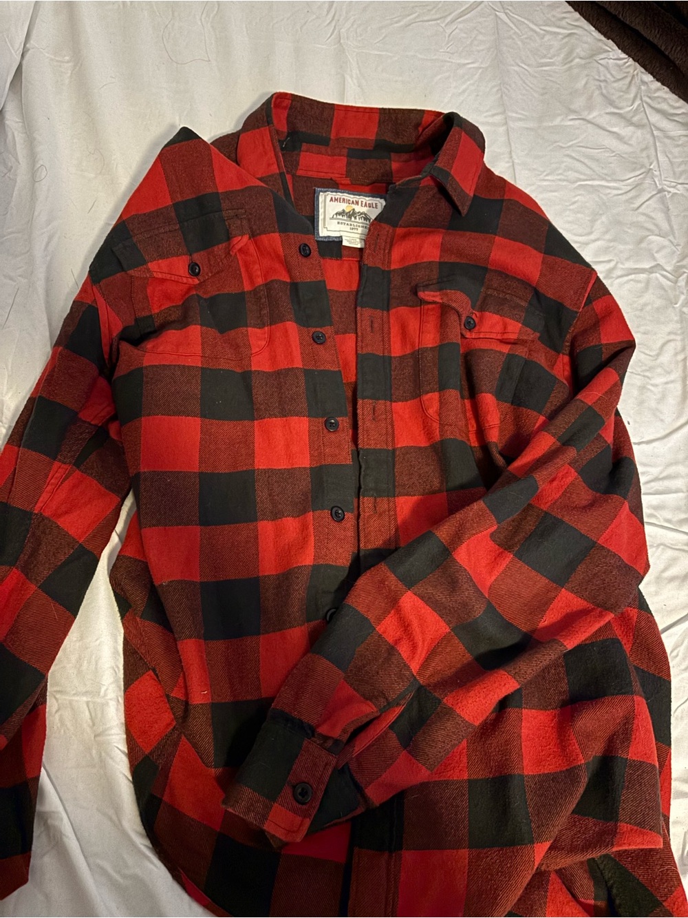 American Eagle Outfitters Red and Black Plaid Button-Down Shirt